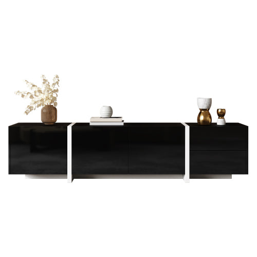 Black High-Gloss TV Cabinet with White Legs | Modern TV Stand with Doors & Drawers