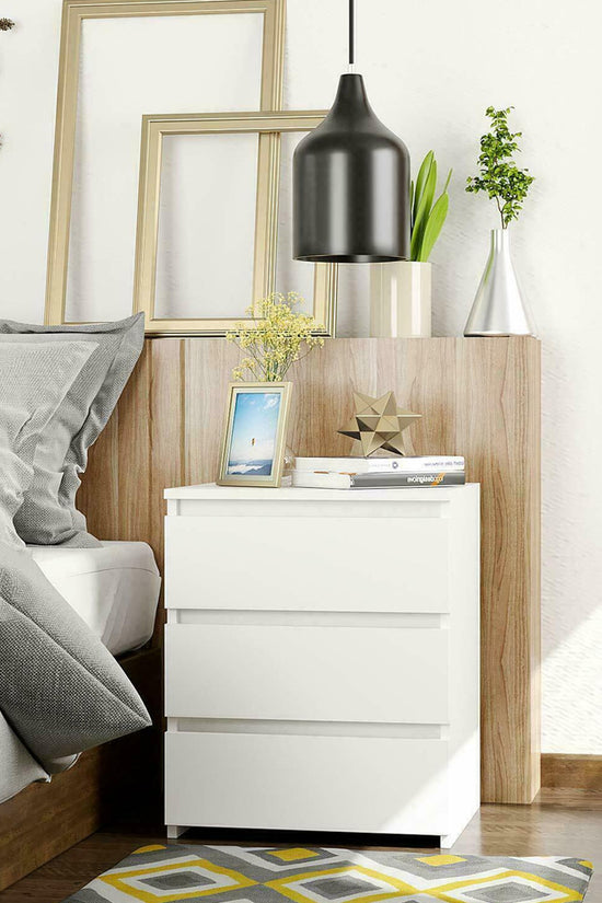 White Modern Bedside Table with 3 Storage Drawers – Bedroom Nightstand Cabinet