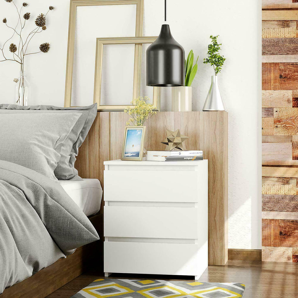 White Modern Bedside Table with 3 Storage Drawers – Bedroom Nightstand Cabinet