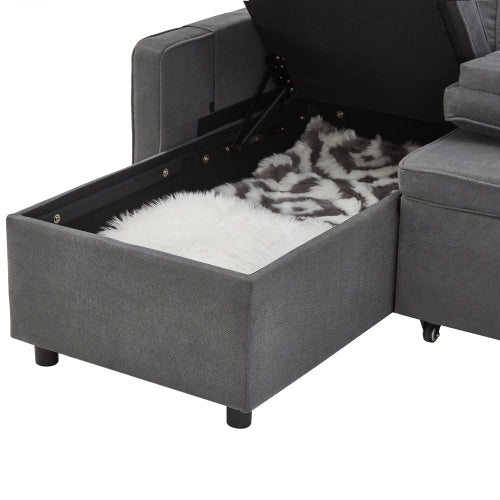 L-Shaped Pull-Out Sleep Sofa Bed – 3-in-1 Reversible Sectional with Storage Chaise, Cup Holders & USB Charging, Grey
