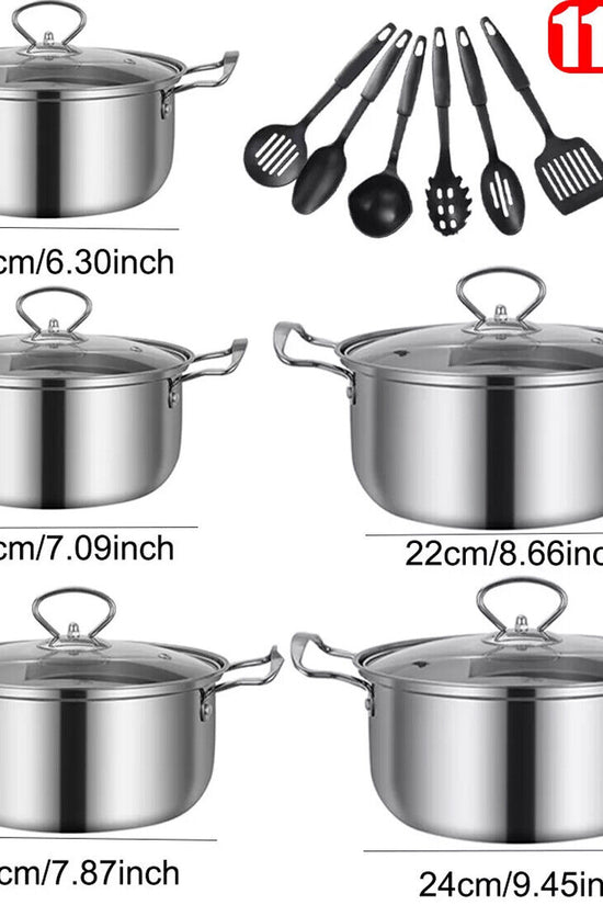 11PCS Induction Non Stick Stainless Steel Cookware Cooking Pot Pan With Lids Set