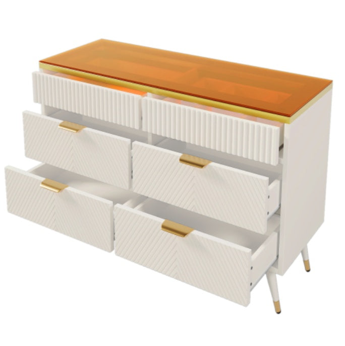 White Sideboard Cabinet with 6 Drawers & Amber Glass – Storage Dresser for Living Room, Bedroom & Hallway
