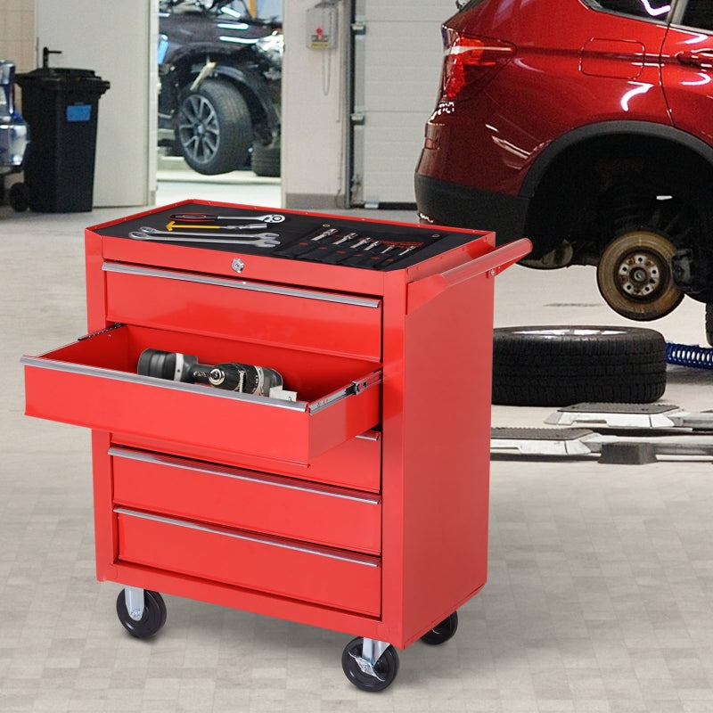 5-Drawer Lockable Tool Storage Cabinet with Wheels – Steel Workshop & Garage Trolley (Red)