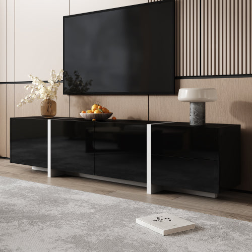 Black High-Gloss TV Cabinet with White Legs | Modern TV Stand with Doors & Drawers