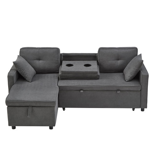 L-Shaped Pull-Out Sleep Sofa Bed – 3-in-1 Reversible Sectional with Storage Chaise, Cup Holders & USB Charging, Grey