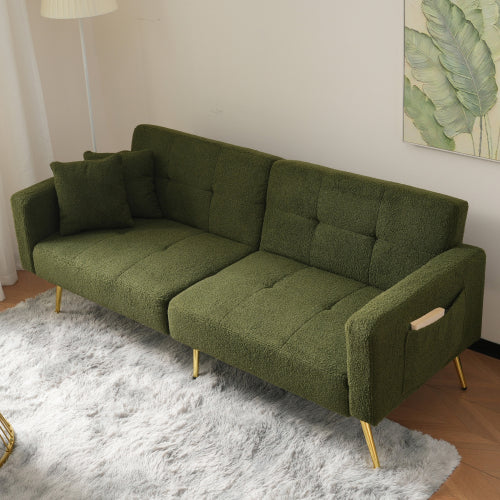 Modern 3-Seater Sofa Bed with 3 Adjustable Backrest Positions, Cushions, Side Storage & Gold Legs