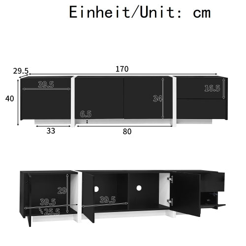 Black High-Gloss TV Cabinet with White Legs | Modern TV Stand with Doors & Drawers