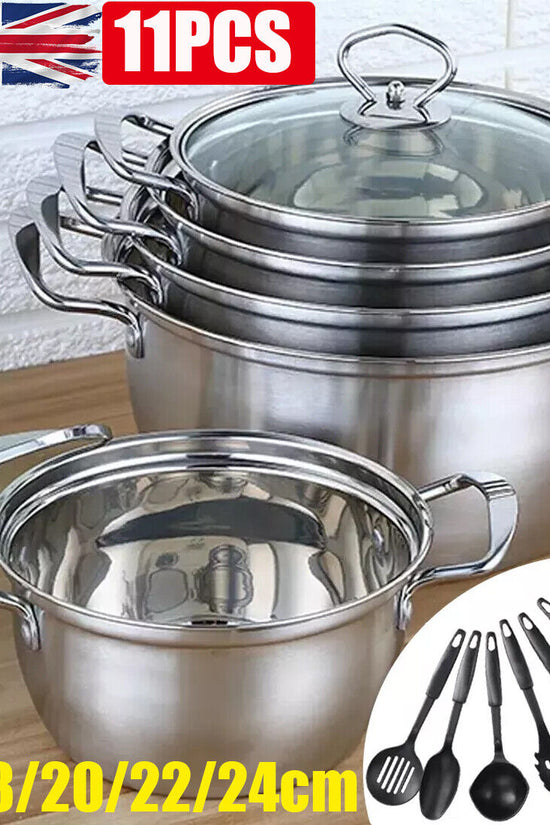 11PCS Induction Non Stick Stainless Steel Cookware Cooking Pot Pan With Lids Set
