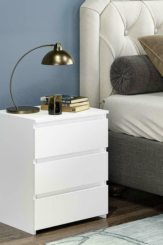 White Modern Bedside Table with 3 Storage Drawers – Bedroom Nightstand Cabinet