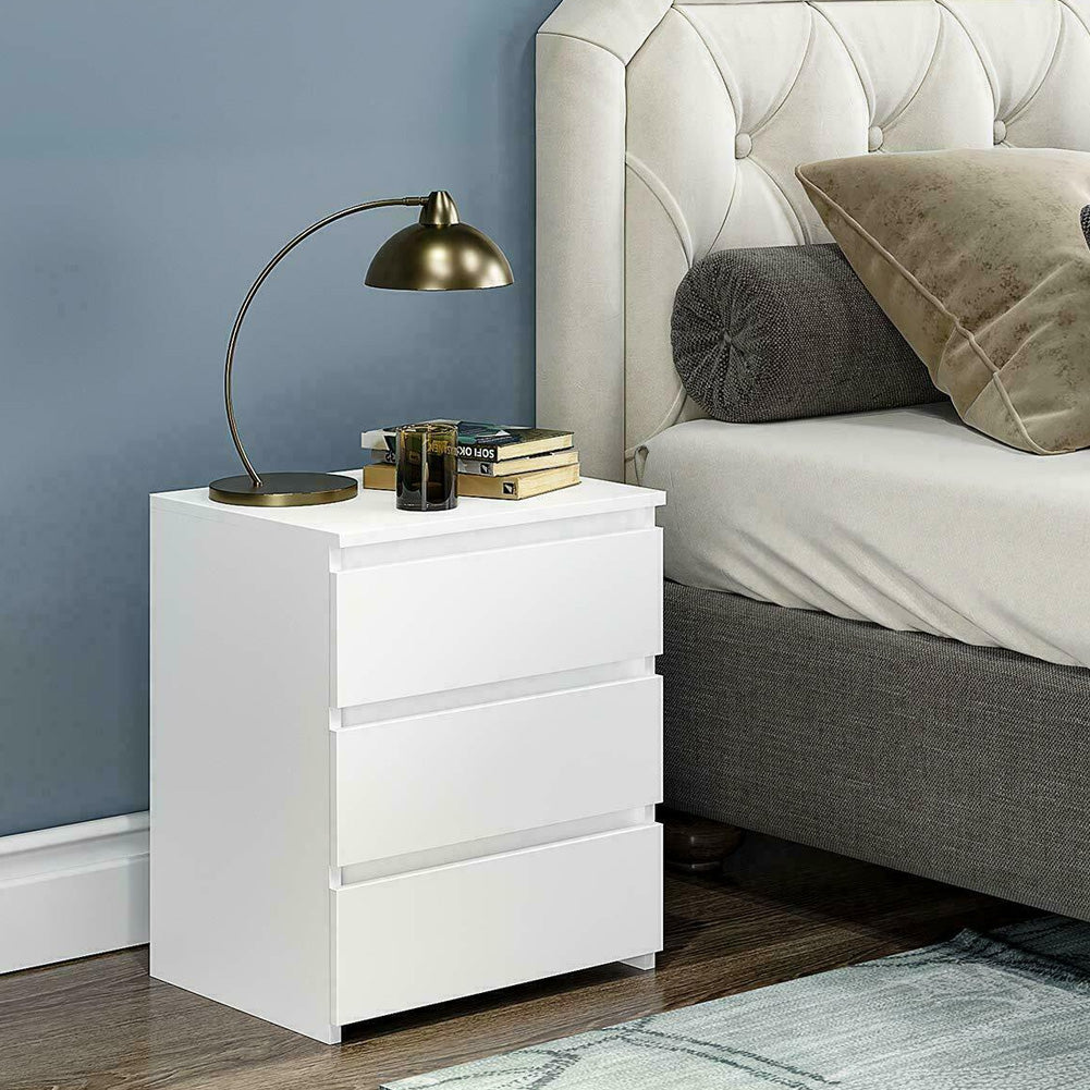 White Modern Bedside Table with 3 Storage Drawers – Bedroom Nightstand Cabinet
