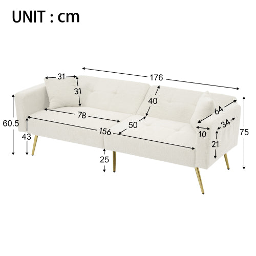 Modern 3-Seater Sofa Bed with 3 Adjustable Backrest Positions, Cushions, Side Storage & Gold Legs