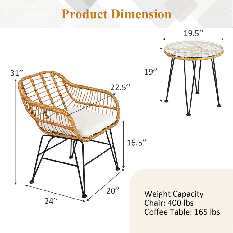 3 Pieces Rattan Cushioned Chair Table