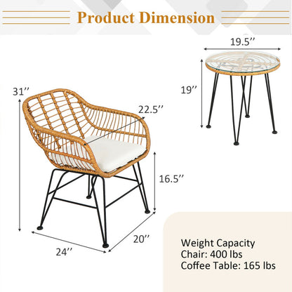 3 Pieces Rattan Cushioned Chair Table